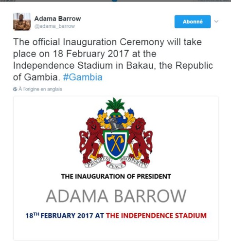 Urgent- Adama Barrow donne la date de la cérémonie officielle en Gambie
