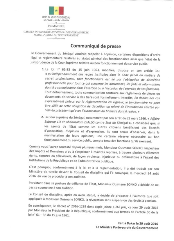 Ousmane Sonko révoqué sans suspension des droits à une pension