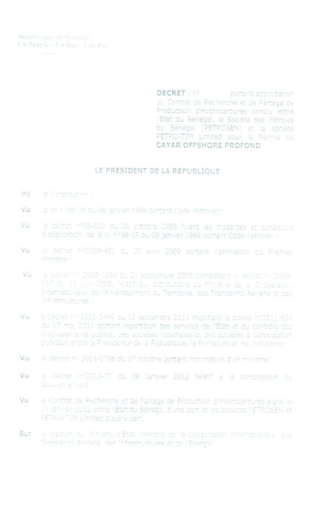 Exclusif : les documents PETROSEN/PETROTIM, les décrets signés par Abdoulaye Wade et Macky Sall Exclusif : les documents PETROSEN/PETROTIM, les décrets signés par Abdoulaye Wade et Macky Sall