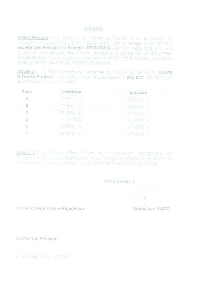 Exclusif : les documents PETROSEN/PETROTIM, les décrets signés par Abdoulaye Wade et Macky Sall Exclusif : les documents PETROSEN/PETROTIM, les décrets signés par Abdoulaye Wade et Macky Sall