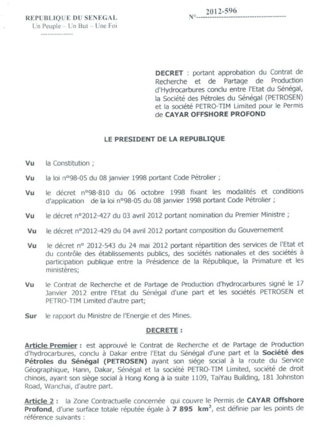 Exclusif : les documents PETROSEN/PETROTIM, les décrets signés par Abdoulaye Wade et Macky Sall Exclusif : les documents PETROSEN/PETROTIM, les décrets signés par Abdoulaye Wade et Macky Sall