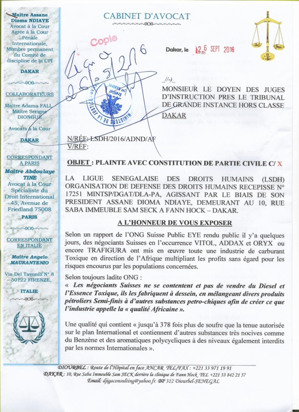 Rapport ONG Suisse Public EYE : la LSDH PORTE plainte avec constitution de partie civile Rapport ONG Suisse Public EYE : la LSDH PORTE plainte avec constitution de partie civile