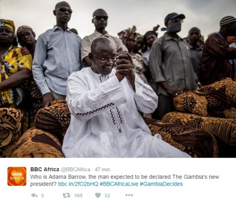 Présidentielle Gambie : Adama Barrow déclaré vainqueur avec 263515 voix, contre 212 099 pour Yaya Jammeh Présidentielle Gambie : Adama Barrow déclaré vainqueur avec 263515 voix, contre 212 099 pour Yaya Jammeh