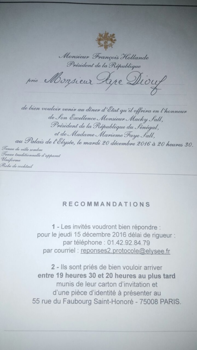 Le Président Français François Hollande porte son choix sur l'artiste Pape Diouf pour animer la soirée de gala dédiée à son Excellence le Président Macky Sall à L' Elysé de Paris. Le Président Français François Hollande porte son choix sur l'artiste Pape Diouf pour animer la soirée de gala dédiée à son Excellence le Président Macky Sall à L' Elysé de Paris.