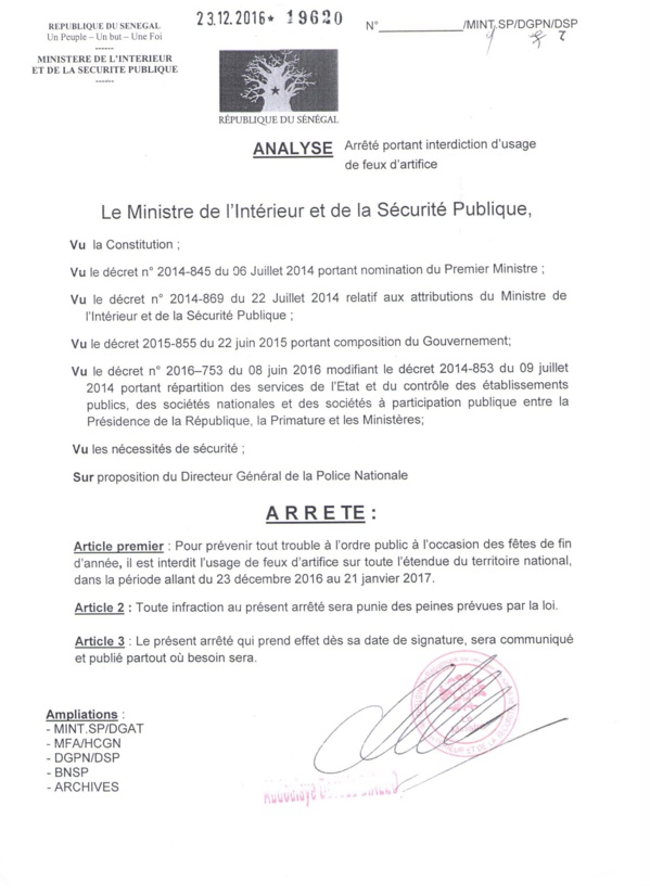 Noel 2016, arrêté ministériel,Abdoulaye Daouda Diallo interdit les feux d'artifices