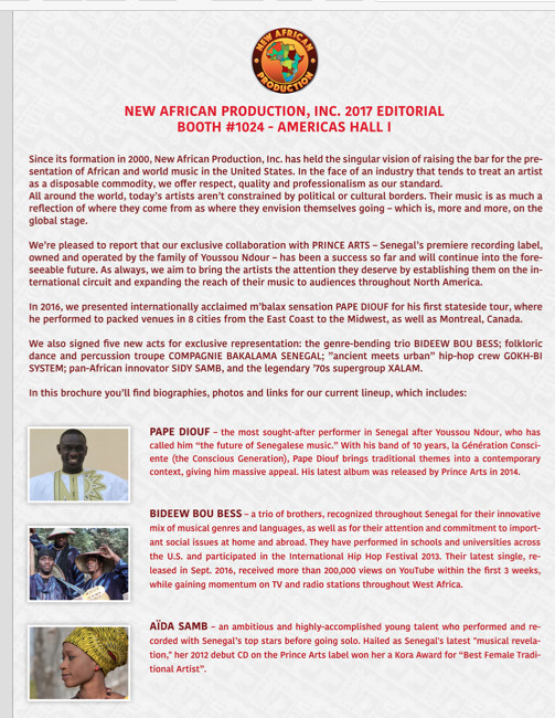 NEW AFRICAN PRODUCTION INC vous présente l' editorial for APAP 2017.