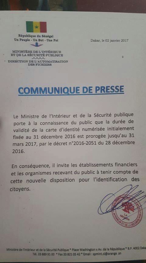 Les cartes d'identités nationales devant expirer le 31 décembre 2016 seront valables jusqu'au 31 mars 2017, par décret