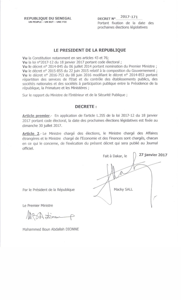 Urgent : les élections législatives se dérouleront le 30 juillet 2017 (Décret) Urgent : les élections législatives se dérouleront le 30 juillet 2017 (Décret)