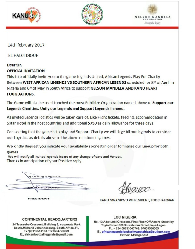 L'international,double ballond'or Africain, El Hadj Diouf invité par la Fondation Nelson Mandela ce 29 avril en Afrique Sud et celle de Kanu au Nigéria le 27 mai. L'international,double ballond'or Africain, El Hadj Diouf invité par la Fondation Nelson Mandela ce 29 avril en Afrique Sud et celle de Kanu au Nigéria le 27 mai.