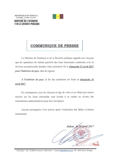 La refonte partielle et la révision exceptionnelle du fichier électoral prendront fin le 23 avril pour l'intérieur du pays et le dimanche 16 avril pour la diaspora La refonte partielle et la révision exceptionnelle du fichier électoral prendront fin le 23 avril pour l'intérieur du pays et le dimanche 16 avril pour la diaspora