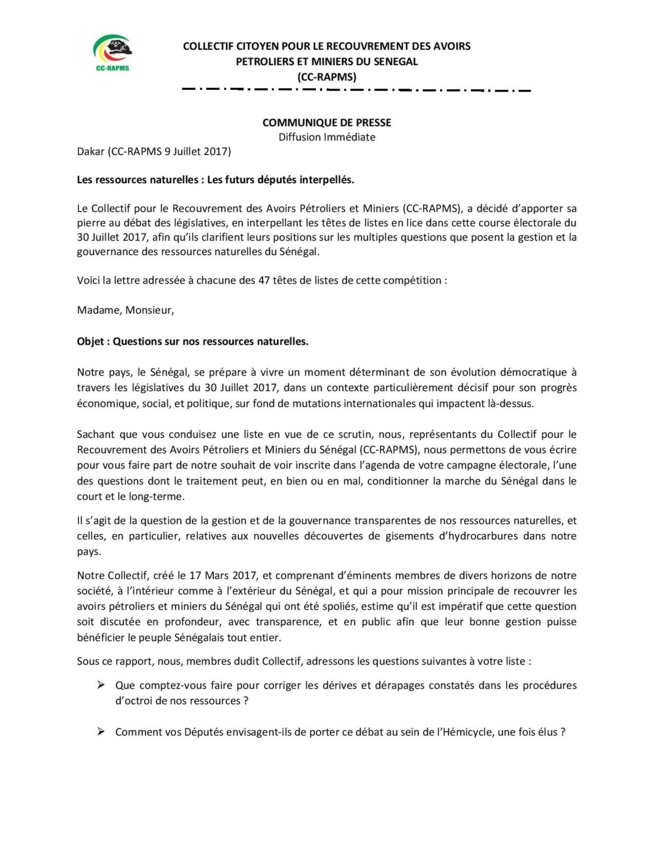 Communiqué du Collectif Citoyen pour le Recouvrement des Avoirs Pétroliers et Miniers du Sénégal (CC‐RAPMS) Communiqué du Collectif Citoyen pour le Recouvrement des Avoirs Pétroliers et Miniers du Sénégal (CC‐RAPMS)