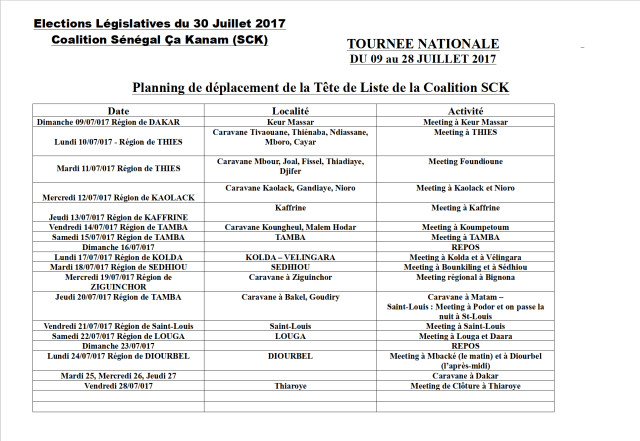 Planning de déplacement de la Tête de Liste de la Coalition SCK de Maitre Ousmane Ngom Planning de déplacement de la Tête de Liste de la Coalition SCK de Maitre Ousmane Ngom