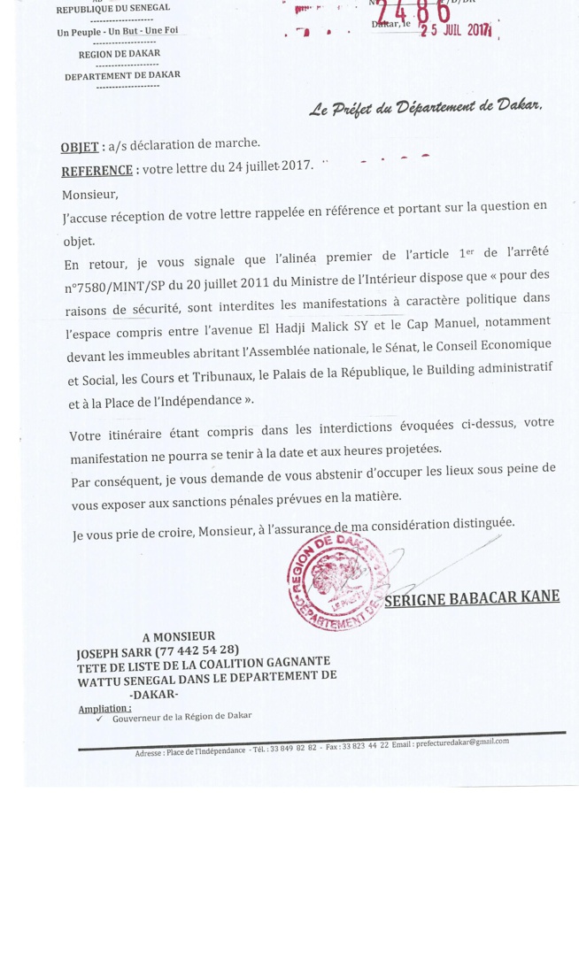 Le Préfet de Dakar interdit la marche de Me Abdoulaye Wade (document) Le Préfet de Dakar interdit la marche de Me Abdoulaye Wade (document)