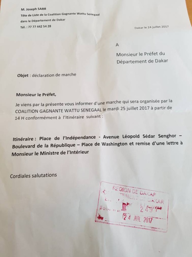 Le Préfet de Dakar interdit la marche de Me Abdoulaye Wade (document) Le Préfet de Dakar interdit la marche de Me Abdoulaye Wade (document)