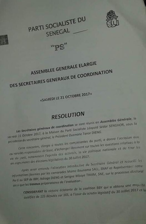 AG élargie aux secrétaires généraux de coordination : la résolution du Parti Socialiste du 21 octobre 2017