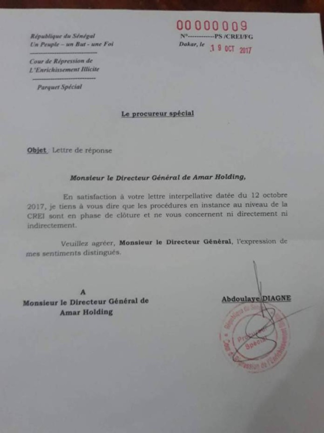 DOCUMENT: La Crei blanchit Cheikh Amar : « Les procédures en instance à la Crei ne vous concernent ni directement ni indirectement » DOCUMENT: La Crei blanchit Cheikh Amar : « Les procédures en instance à la Crei ne vous concernent ni directement ni indirectement »