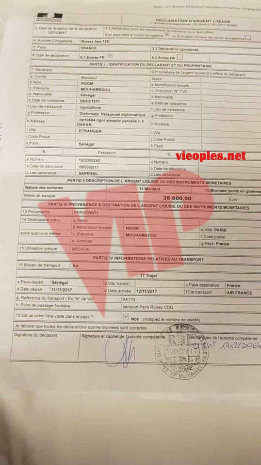 Farba Ngom avait dans ses bagages 38.600 euros (Document) Farba Ngom avait dans ses bagages 38.600 euros (Document)