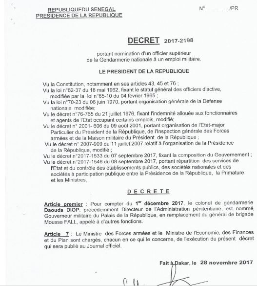 De l'administration pénitentiaire, le Colonel Daouda Diop muté au Palais De l'administration pénitentiaire, le Colonel Daouda Diop muté au Palais