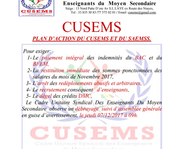 Grève – le CUSEMS et le SAEMS boudent les classes jeudi Grève – le CUSEMS et le SAEMS boudent les classes jeudi