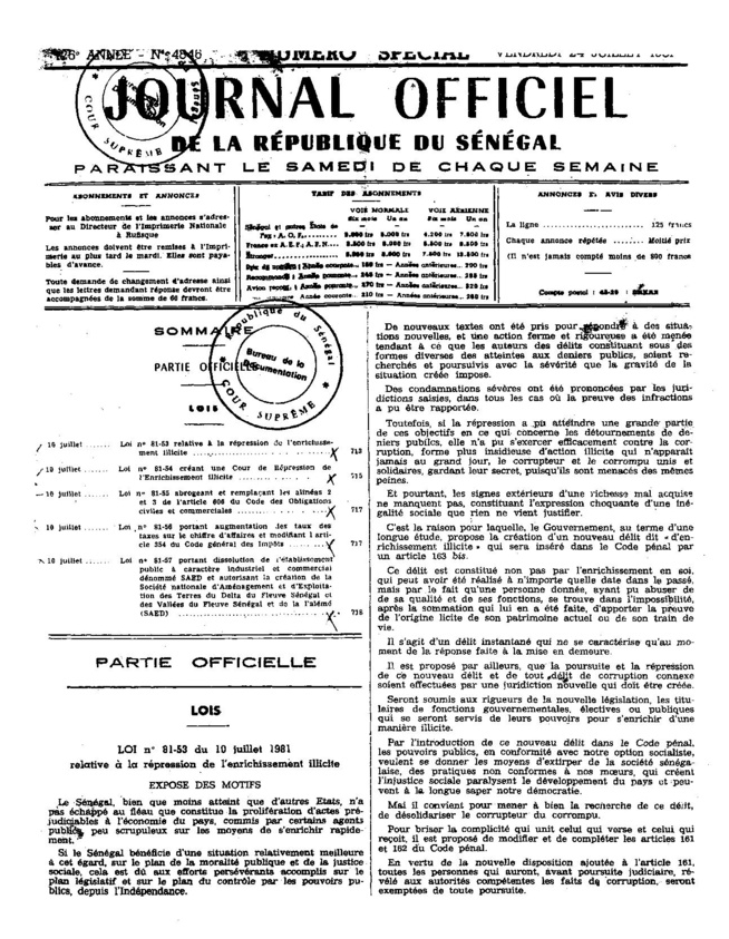 Lois n° 81-53 et n° 81-54 du 10 juillet 1981 relatives à la répression de l’enrichissement illicite : Les motivations d’Abdou Diouf en 1981?