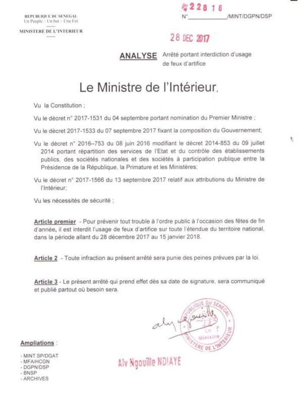 Pour prévenir tout trouble à l’ordre public : Les feux d’artifice interdits sur toute l’étendue du territoire du 28 au 15 Janvier prochain