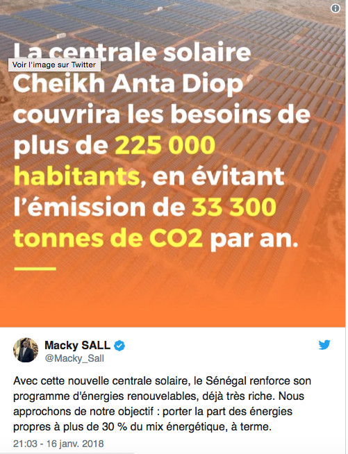 Macky Sall : « la centrale solaire Cheikh Anta Diop couvrira les besoins de 225 000 habitants, en évitant l’émission de 33 300 tonnes de CO2 par an »