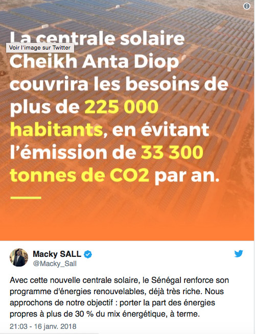 Macky Sall : « la centrale solaire Cheikh Anta Diop couvrira les besoins de 225 000 habitants, en évitant l’émission de 33 300 tonnes de CO2 par an » Macky Sall : « la centrale solaire Cheikh Anta Diop couvrira les besoins de 225 000 habitants, en évitant l’émission de 33 300 tonnes de CO2 par an »
