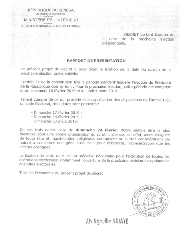 Décret n°2018-253 portant fixation de la date de l'élection présidentielle 2019 (Officiel)