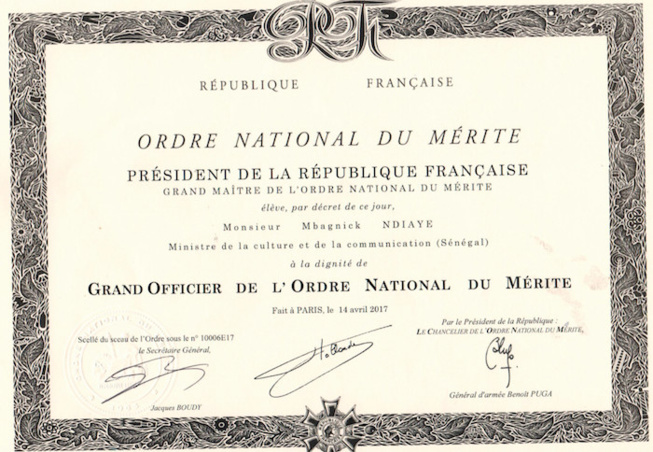 Grand Officier de l’Ordre National du Mérite : le ministre Mbagnik Ndiaye décoré par la France (DOCUMENT) Grand Officier de l’Ordre National du Mérite : le ministre Mbagnik Ndiaye décoré par la France (DOCUMENT)