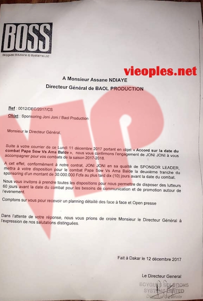 Exclusif: Le document des 30 millions qui est à l'origine de la rupture du contrat entre Assane Ndiaye et Bougane de la Sen TV sur le combat Ama Baldé Papa Sow
