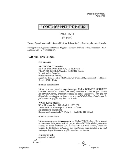 EXCLUSIF Karim Wade : l'intégralité de la décision Cour d'Appel de Paris, entre manipulation et mauvaise foi