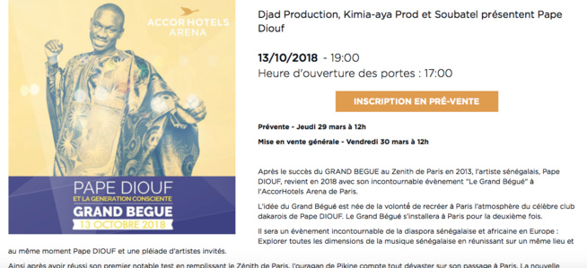OFFICIELLE: Le double disques d'or Sénégalais Pape Diouf ce 13 octobre 2018 à Accor hôtel Arena Paris Berçy.