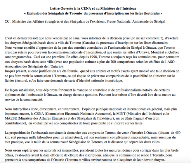 Lettre Ouverte à la CENA et au Ministère de l’Intérieur --- « Exclusion des Sénégalais de Toronto du processus d’inscription sur les listes électorales