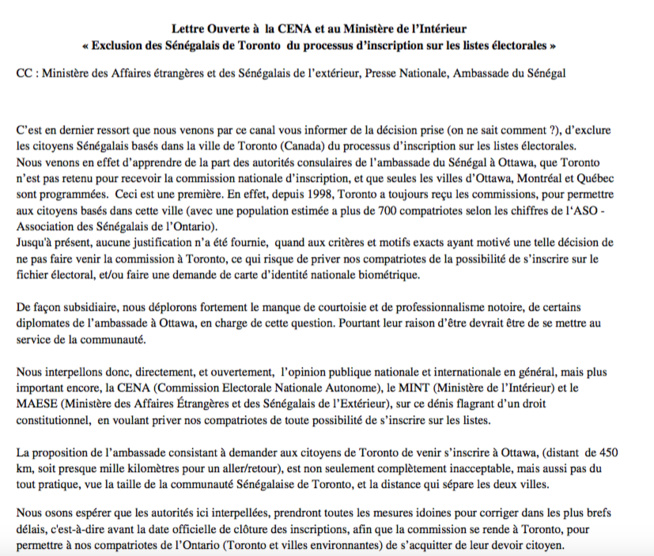 Lettre Ouverte à la CENA et au Ministère de l’Intérieur --- « Exclusion des Sénégalais de Toronto du processus d’inscription sur les listes électorales Lettre Ouverte à la CENA et au Ministère de l’Intérieur --- « Exclusion des Sénégalais de Toronto du processus d’inscription sur les listes électorales