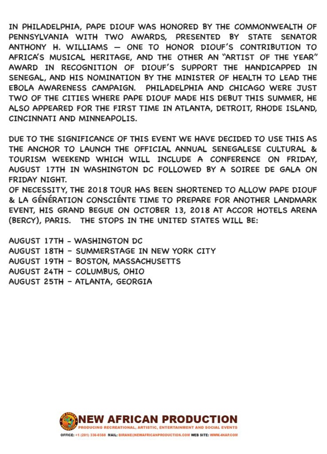 New African Production, Inc en collaboration avec Prince Arts,présente North American Tour 2018 avec Pape Diouf New African Production, Inc en collaboration avec Prince Arts,présente North American Tour 2018 avec Pape Diouf
