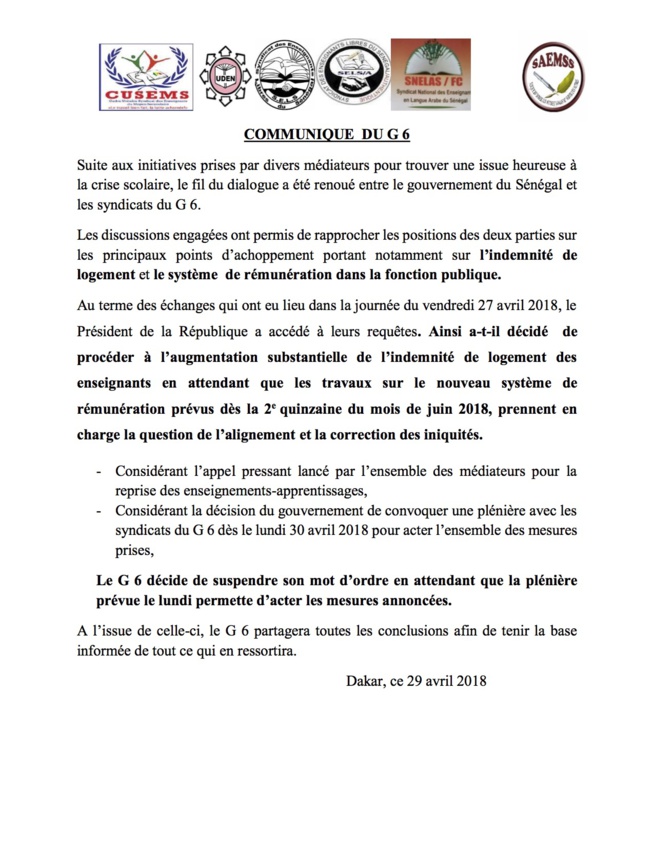 Documents - Le G 6 décide de suspendre son mot d’ordre : Dénouement de la crise scolaire- Macky Sall sauve le Sénégal d’une année blanche