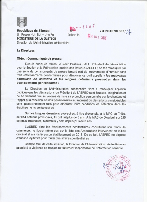 "Les communiqués de presse de Ibrahima Sall (président d'ASRED) sont faux et imaginaires" (La Direction de l'Administration pénitentiaire) "Les communiqués de presse de Ibrahima Sall (président d'ASRED) sont faux et imaginaires" (La Direction de l'Administration pénitentiaire)