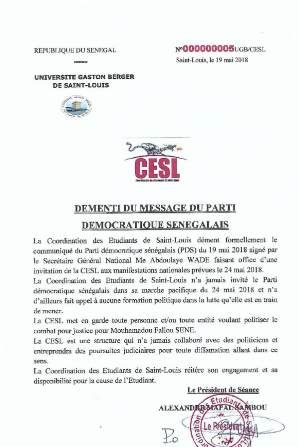 La coordination des étudiants de Saint-Louis (CESL) se démarque du Pds ( Démenti )