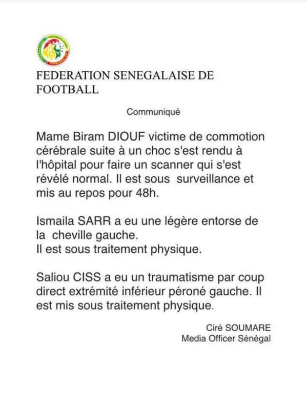 Mame Biram, Saliou Ciss et Ismaïla Sarr à l’infirmerie (Communiqué) Mame Biram, Saliou Ciss et Ismaïla Sarr à l’infirmerie (Communiqué)