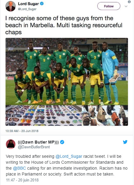 Racisme : Polémique politique en Angleterre avec un tweet raciste sur le Sénégal Racisme : Polémique politique en Angleterre avec un tweet raciste sur le Sénégal