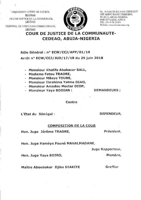 Exclusif : L'arrêt de la Cour de justice de la Cedeao sur l'affaire Khalifa Sall (document PDF)