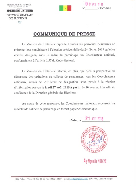 Parrainage : Le Ministre de l'Intérieur invite les personnes désireuses de prendre part à la présidentielle de 2019 à désigner leurs Coordonnateurs nationaux