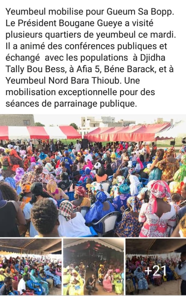 Yeumbeul se mobilise pour "GUEUM SA BOOP",le Président Bougane a visité plusieurs quartier ce mardi. Yeumbeul se mobilise pour "GUEUM SA BOOP",le Président Bougane a visité plusieurs quartier ce mardi.