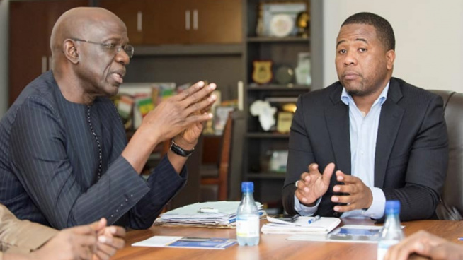 Me Mame Adama Gueye reçu en audience par le Président Bougane Gueye, ce jour au siège du Groupe Boygues Corp.