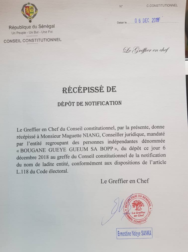 Le conseil constitutionnel a délivré la notification du nom " Gueum Sa Bopp" à son mandataire Mr Maguette Niang (Juriste).