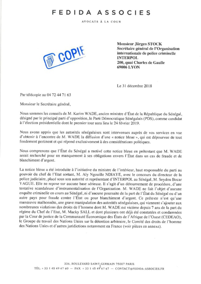 URGENT : La lettre des avocats de Karim Wade à Interpol URGENT : La lettre des avocats de Karim Wade à Interpol
