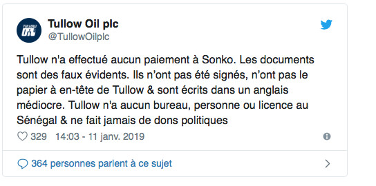 Démenti officiel sur Twitter : " Tullow Oil PLC n'a effectué aucun paiement à Ousmane Sonko, les documents sonts des faux évidents" (Document)