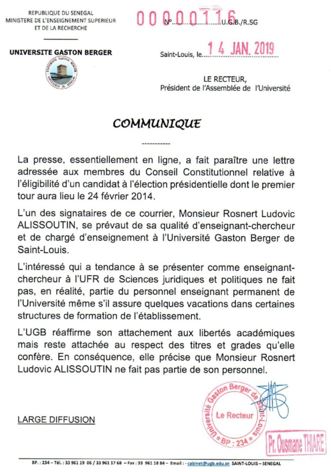 Précision de l'Université Gaston Berger (UGB) : Monsieur Rosnert Ludovic Alissoutin ne fait pas partie du personnel Précision de l'Université Gaston Berger (UGB) : Monsieur Rosnert Ludovic Alissoutin ne fait pas partie du personnel
