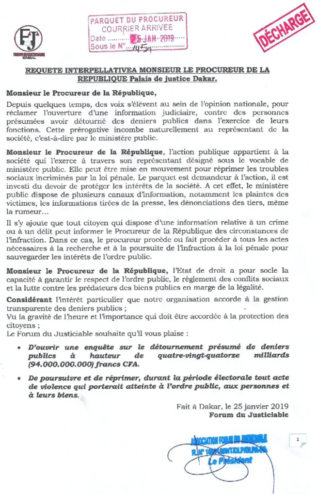 Affaire des 94 milliards : Le Forum du Justiciable envoie une requête interpellative au Procureur de la République Affaire des 94 milliards : Le Forum du Justiciable envoie une requête interpellative au Procureur de la République
