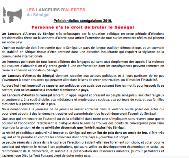 Contribution des Lanceurs d’Alertes du Sénégal pour alerter l’opinion nationale et internationale sur les risques de violence au Sénégal. Contribution des Lanceurs d’Alertes du Sénégal pour alerter l’opinion nationale et internationale sur les risques de violence au Sénégal.